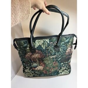 Atlantic Green Floral Tapestry Carry On 17x13 in Carpet Bag Mary Poppins Vintage